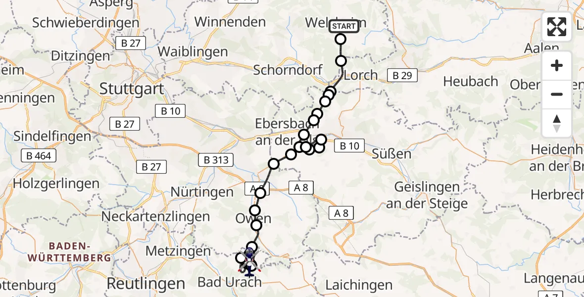 Flugroute Polizeihubschrauber Welzheim - Grabenstetten, 02 Juni 2026, 15:15