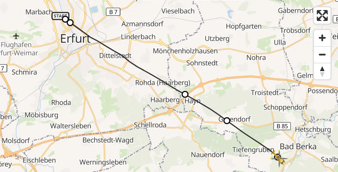 Flugroute Ambulanzhubschrauber Helios Clinic Erfurt - DRF Rettungsstation Bad Berka Hubschrauberlandeplatz, 02 Juni 2026, 15:24