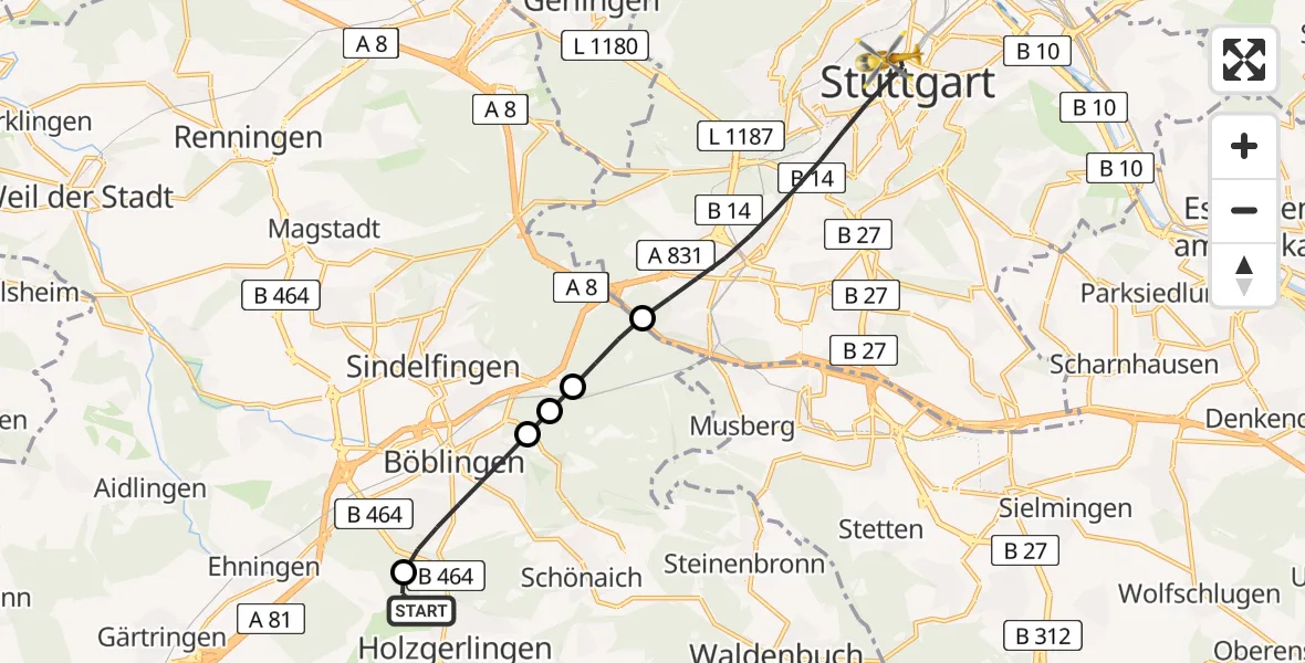 Flugroute Rettungshubschrauber Holzgerlingen - Stuttgart, 02 Juni 2026, 15:25