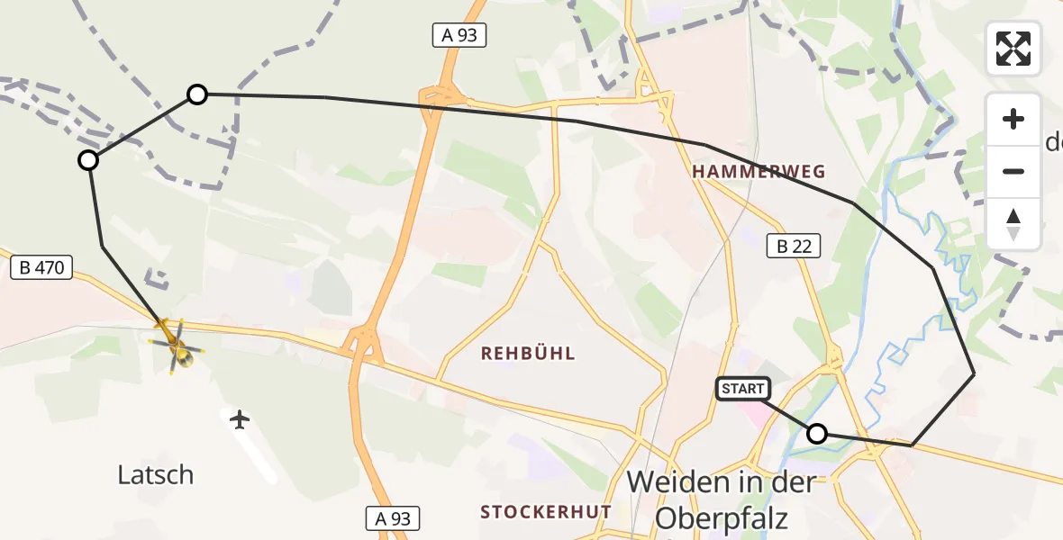 Flugroute Rettungshubschrauber Weiden Hospital - Weiden i.d.OPf., 02 Juni 2026, 15:41