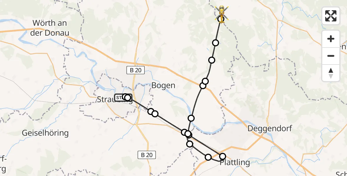 Flugroute Rettungshubschrauber Sankt Elisabeth Hospital Straubing - Kollnburg, 02 Juni 2026, 15:44