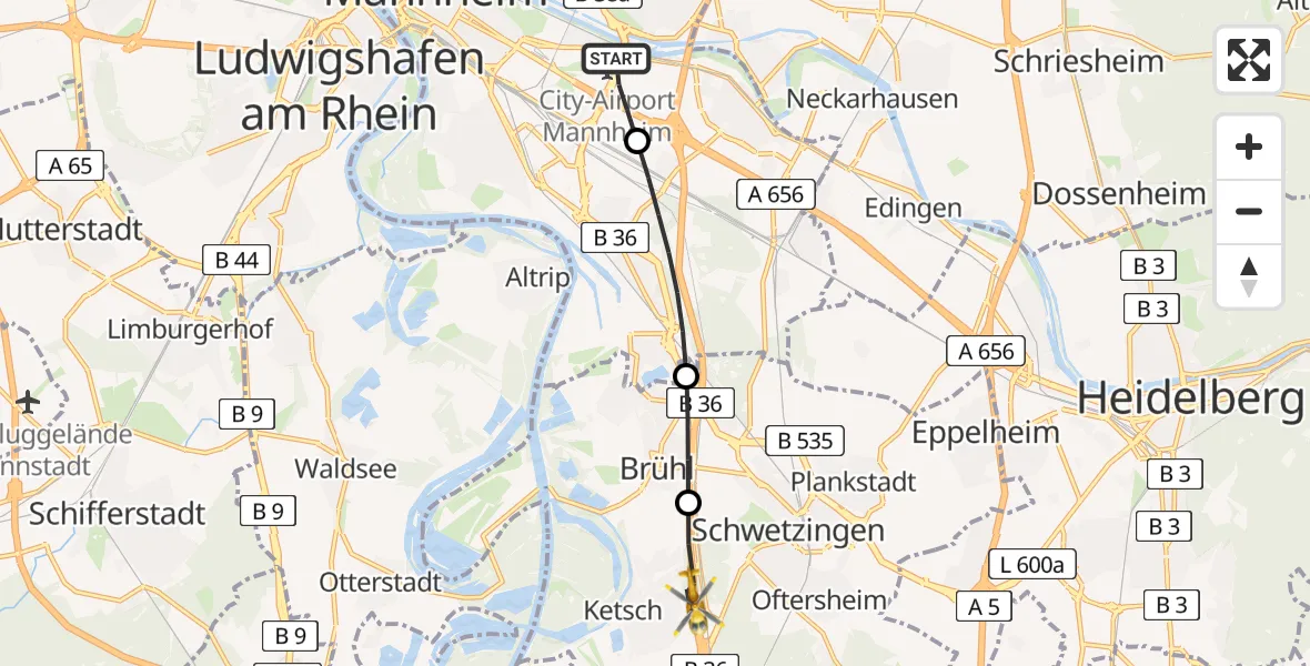 Flugroute Rettungshubschrauber Mannheim-City Flughafen - Ketsch, 02 Juni 2026, 15:49