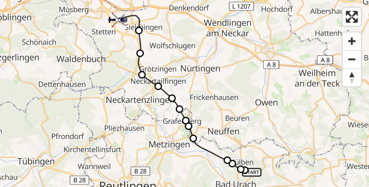 Flugroute Polizeihubschrauber Bad Urach - Flughafen Stuttgart, 02 Juni 2026, 15:52