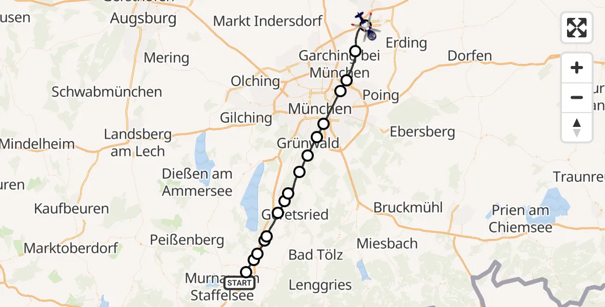 Flugroute Polizeihubschrauber Riegsee - München Flughafen, 02 Juni 2026, 16:07