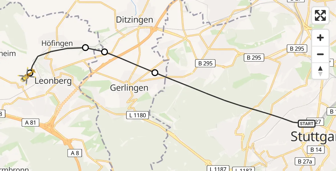 Flugroute Rettungshubschrauber Stuttgart - Leonberg Hospital, 02 Juni 2026, 16:16