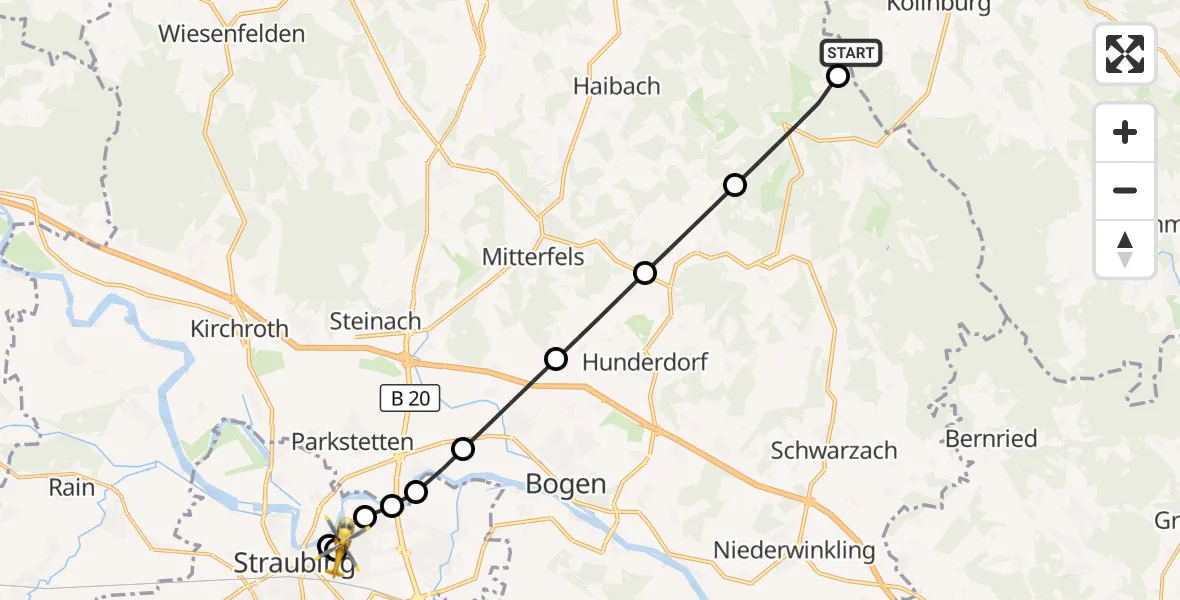 Flugroute Rettungshubschrauber Kollnburg - Sankt Elisabeth Hospital Straubing, 02 Juni 2026, 16:24