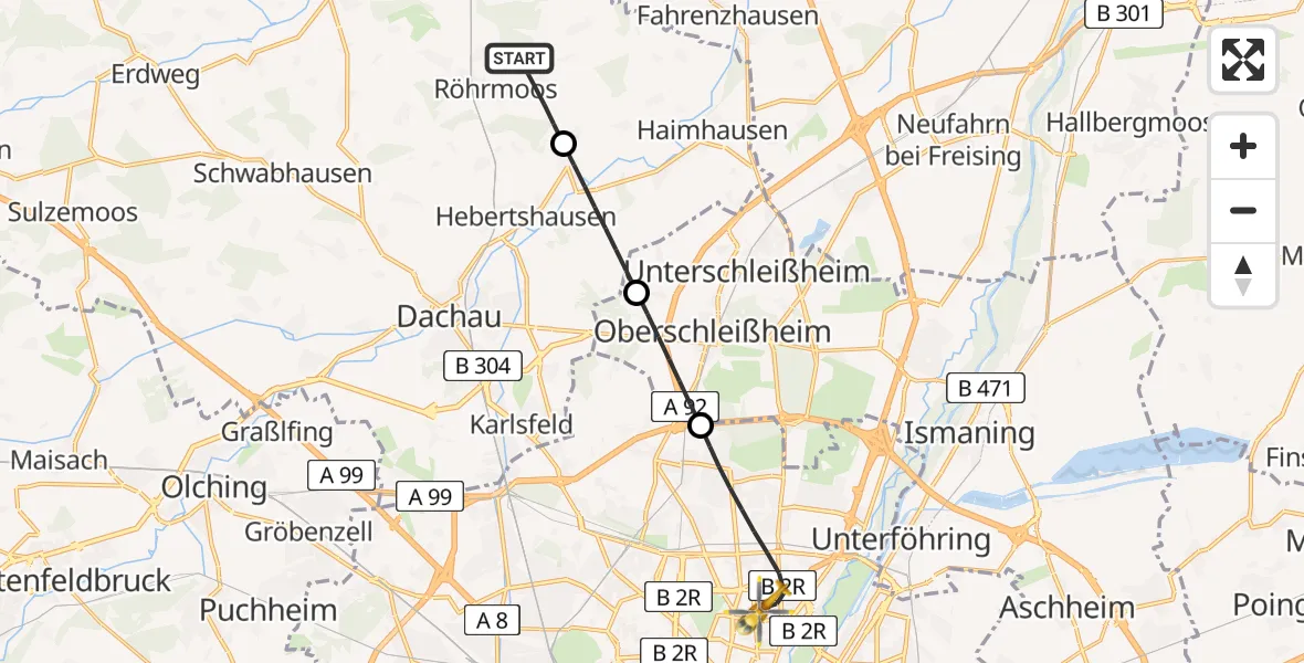 Flugroute Rettungshubschrauber Röhrmoos - München, 02 Juni 2026, 16:26