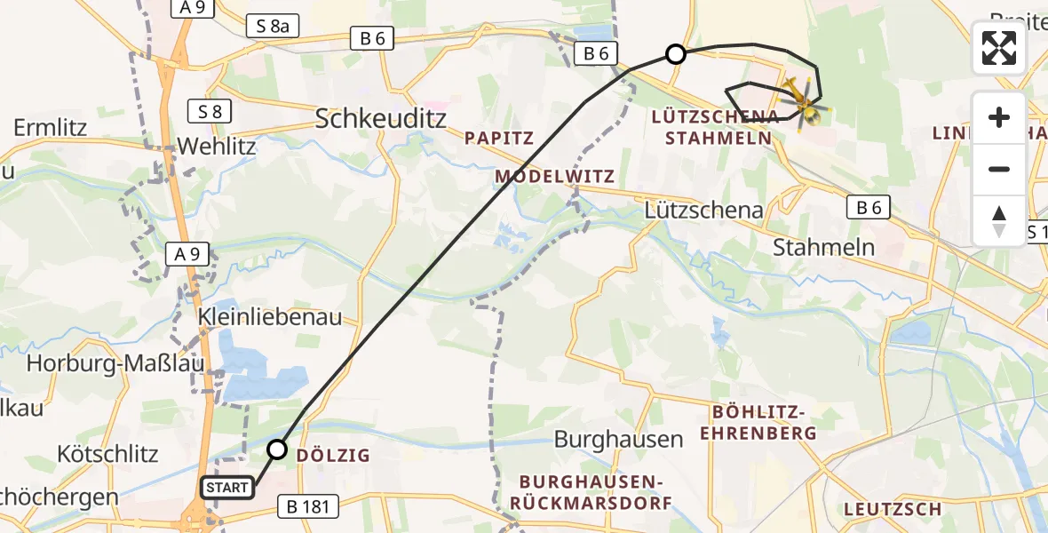 Flugroute Rettungshubschrauber ADAC Air Rescue Station Leipzig/Schkeuditz-Dölzig Hubschrauberlandeplatz (Christoph 61) - Leipzig, 02 Juni 2026, 16:30