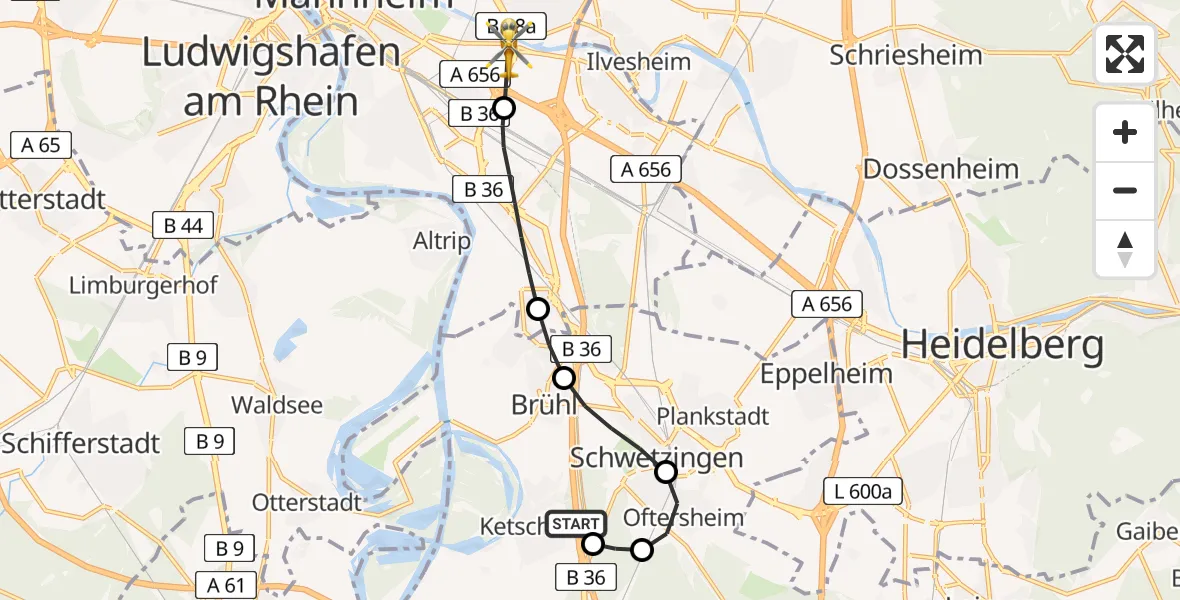 Flugroute Rettungshubschrauber Ketsch - Mannheim-City Flughafen, 02 Juni 2026, 16:42