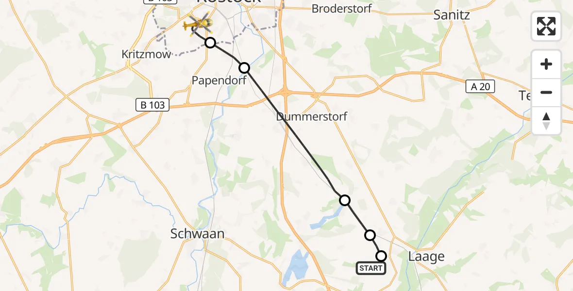 Flugroute Rettungshubschrauber Flughafen Rostock-Laage - Rostock, 02 Juni 2026, 17:00