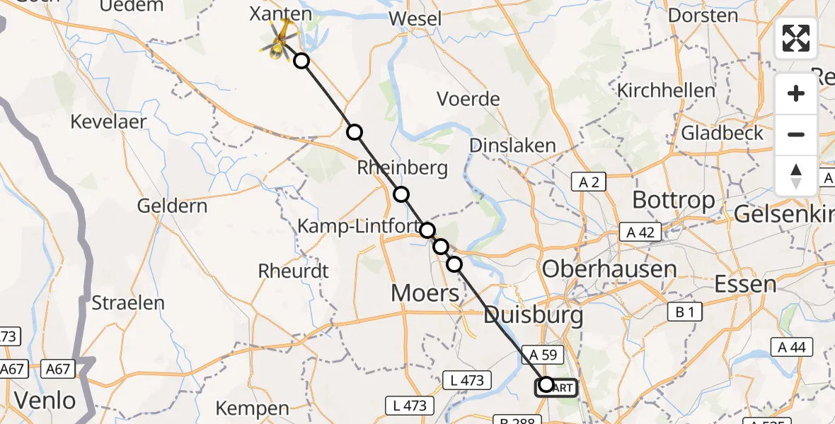 Flugroute Rettungshubschrauber Duisburg Air Rescue Hubschrauberlandeplatz (Christoph 9) - Xanten, 02 Juni 2026, 17:04
