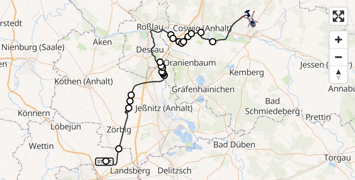 Flugroute Polizeihubschrauber Halle-Oppin Flugplatz - Wittenberg, 02 Juni 2026, 17:09