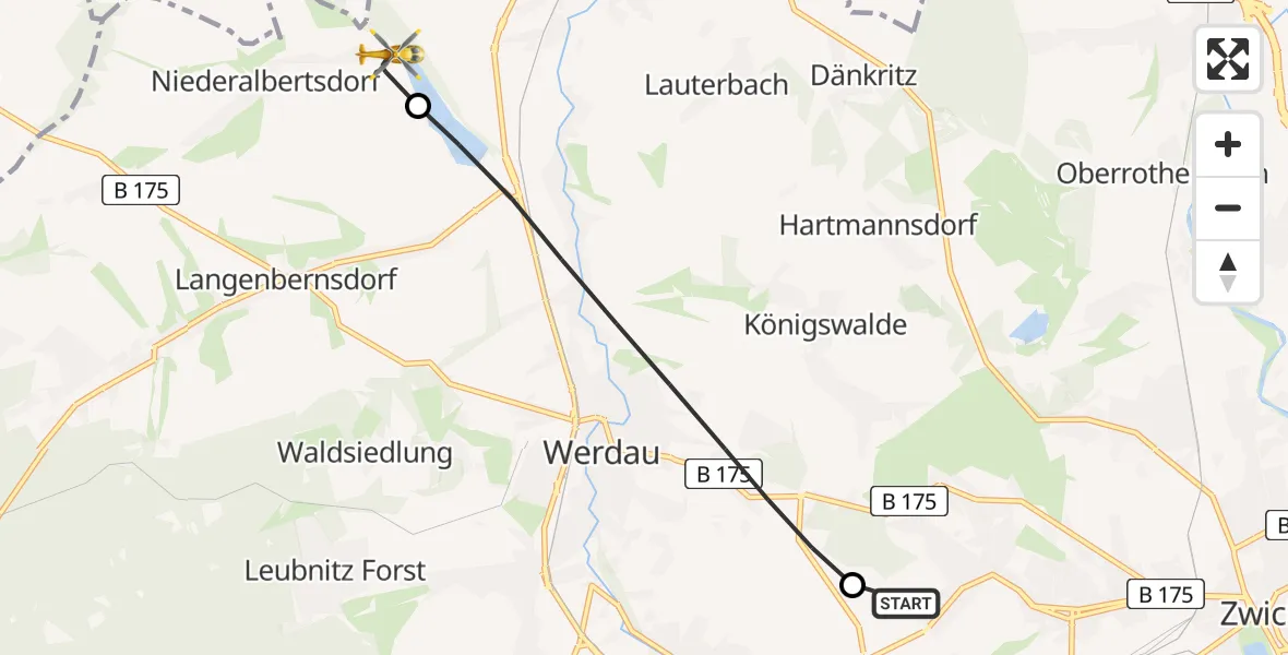 Flugroute Rettungshubschrauber ADAC Air Rescue Station Zwickau Hubschrauberlandeplatz - Langenbernsdorf, 02 Juni 2026, 17:11