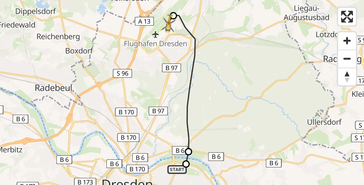 Flugroute Rettungshubschrauber Dresden University Hospital - Dresden Bundespolizei Hubschrauberlandeplatz, 02 Juni 2026, 17:38