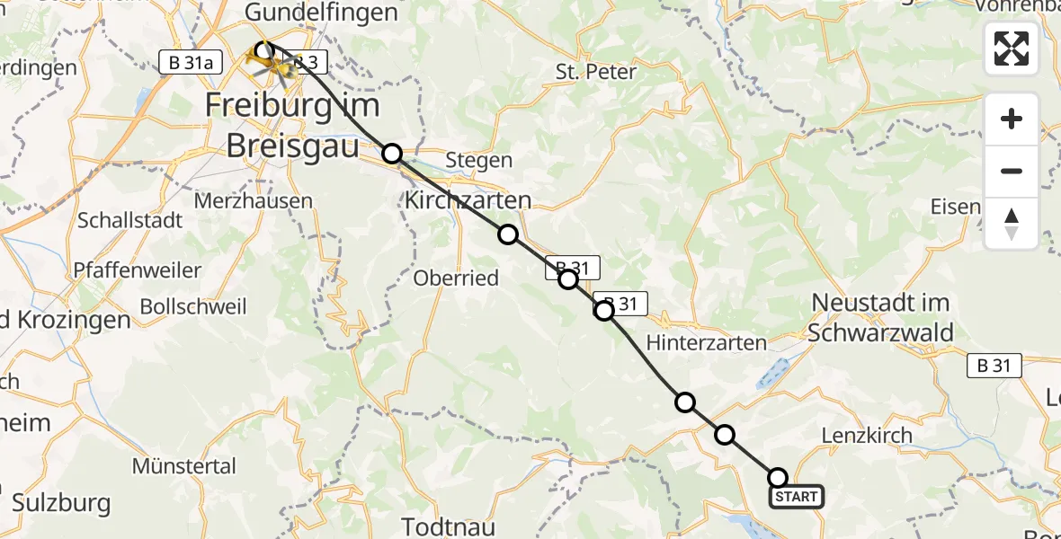 Flugroute Rettungshubschrauber Schluchsee - Freiburg im Breisgau Flugplatz, 02 Juni 2026, 17:44