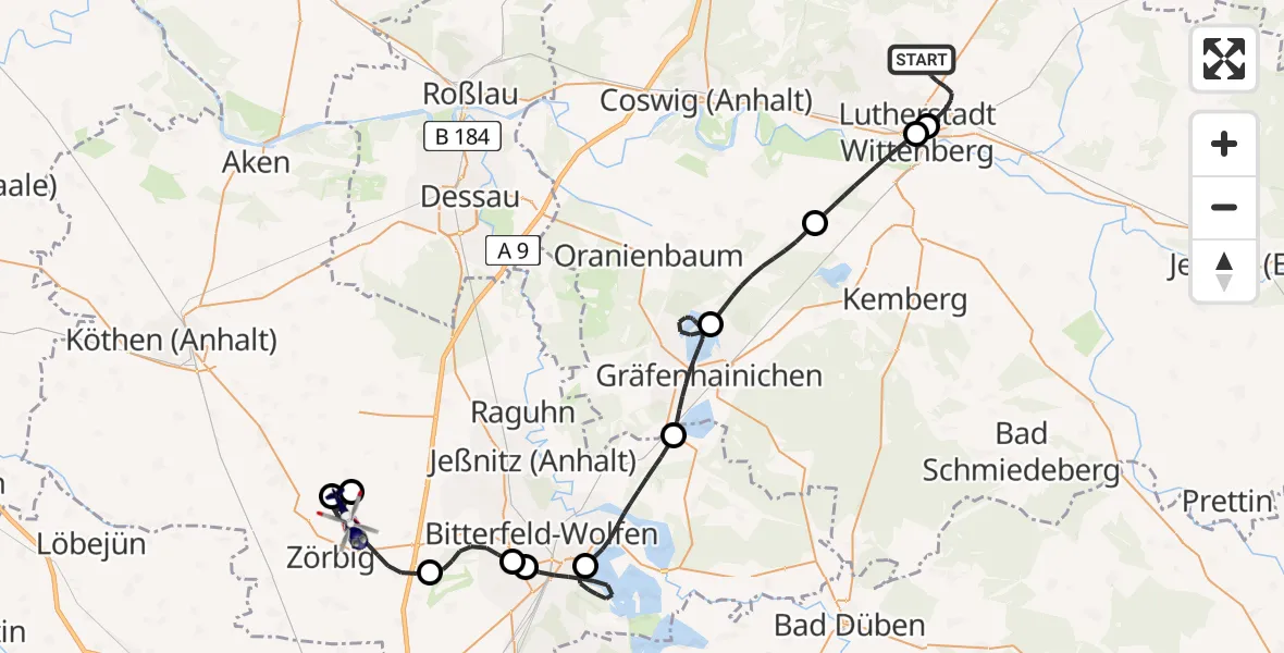 Flugroute Polizeihubschrauber Wittenberg - Zörbig, 02 Juni 2026, 17:52