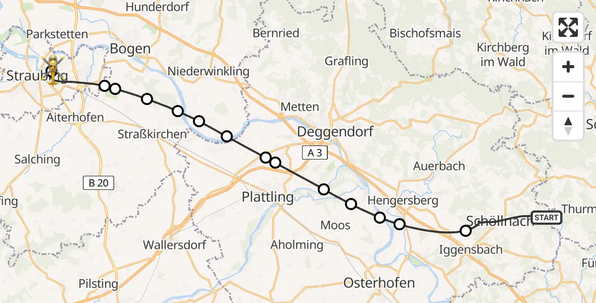 Flugroute Rettungshubschrauber Schöllnach - Sankt Elisabeth Hospital Straubing, 02 Juni 2026, 17:57