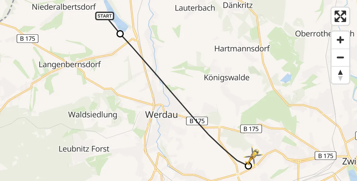 Flugroute Rettungshubschrauber Langenbernsdorf - ADAC Air Rescue Station Zwickau Hubschrauberlandeplatz, 02 Juni 2026, 18:01