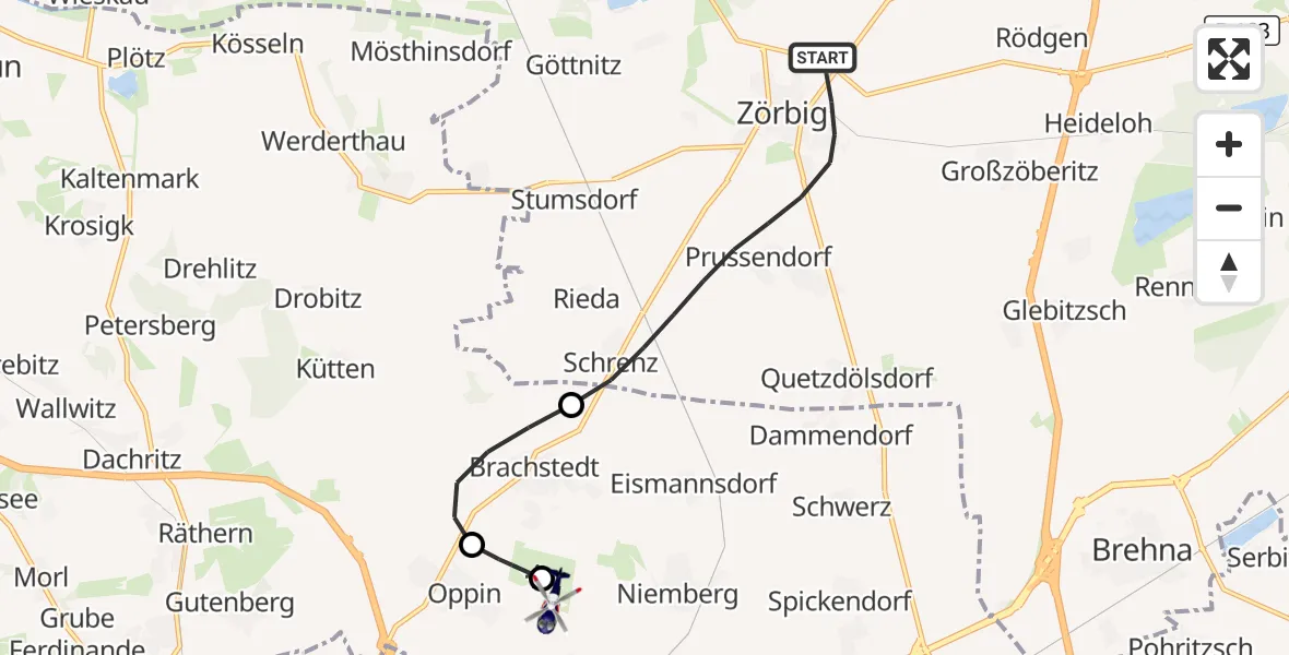 Flugroute Polizeihubschrauber Zörbig - Halle-Oppin Flugplatz, 02 Juni 2026, 18:23