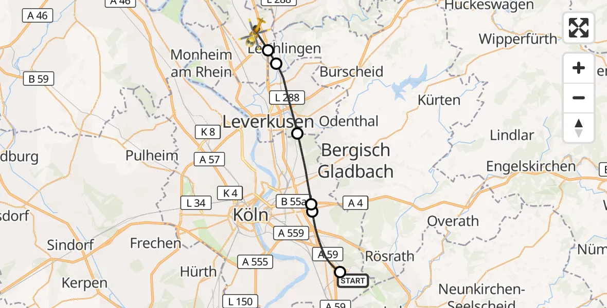Flugroute Rettungshubschrauber Köln Bonn Flughafen - Langenfeld (Rhld.), 02 Juni 2026, 19:25