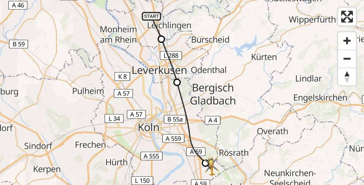 Flugroute Rettungshubschrauber Langenfeld (Rhld.) - Köln Bonn Flughafen, 02 Juni 2026, 19:54