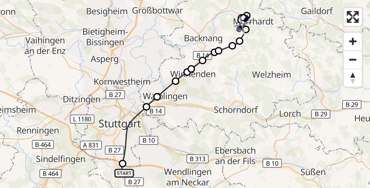 Flugroute Polizeihubschrauber Flughafen Stuttgart - Murrhardt, 02 Juni 2026, 19:58