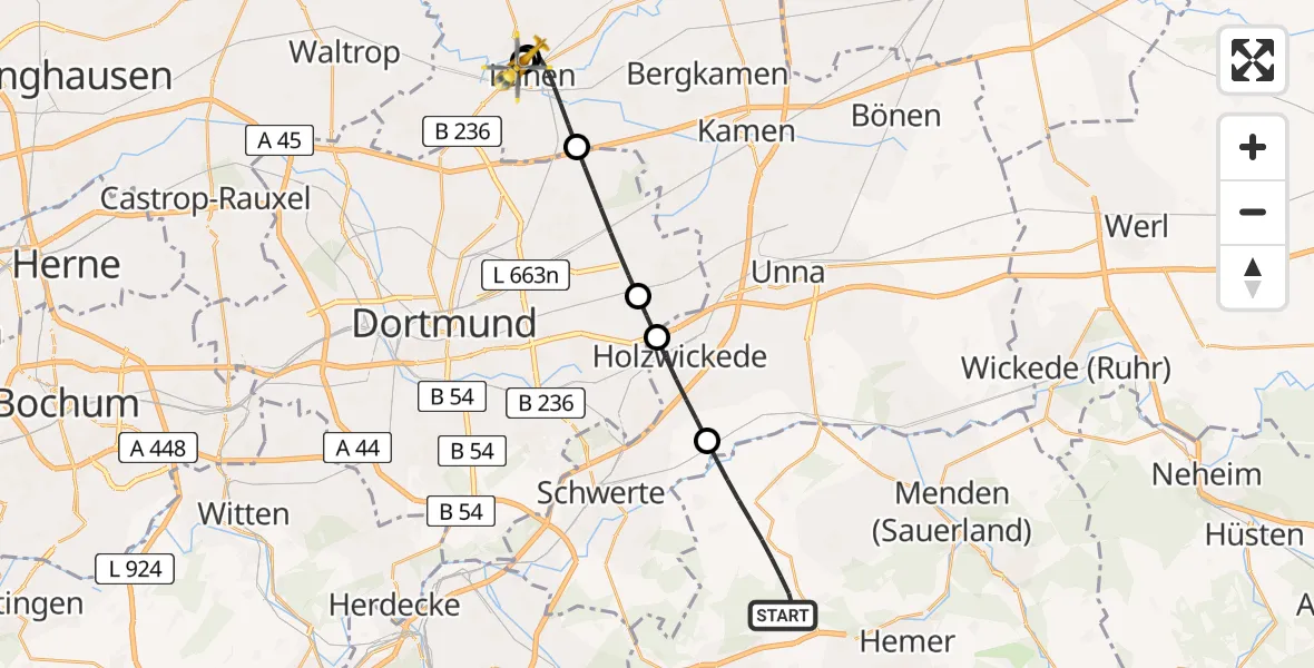 Flugroute Rettungshubschrauber Iserlohn - Sankt Marien Hospital, 02 Juni 2026, 20:03