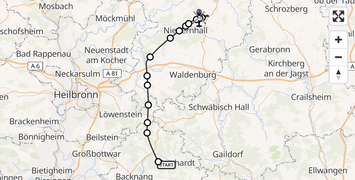 Flugroute Polizeihubschrauber Murrhardt - Ingelfingen-Bühlhof Flugplatz, 02 Juni 2026, 20:21