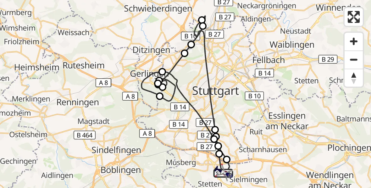 Flugroute Polizeihubschrauber Flughafen Stuttgart - Flughafen Stuttgart, 02 Juni 2026, 20:36