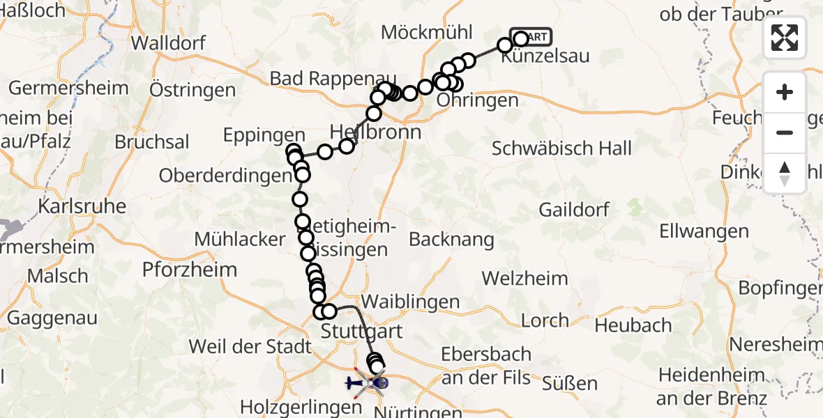 Flugroute Polizeihubschrauber Ingelfingen - Flughafen Stuttgart, 02 Juni 2026, 20:53