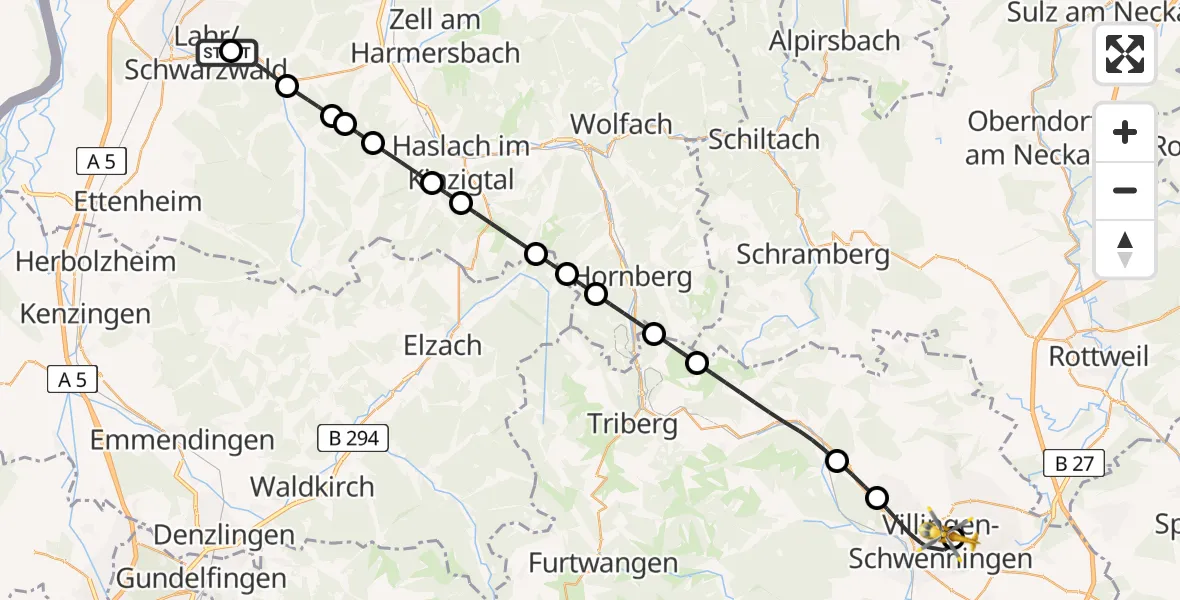 Flugroute Ambulanzhubschrauber Ortenau Hospital Lahr-Ettenheim - DRF Air Rescue Station Villingen-Schwenningen Hubschrauberlandeplatz (Christoph 11), 02 Juni 2026, 21:11