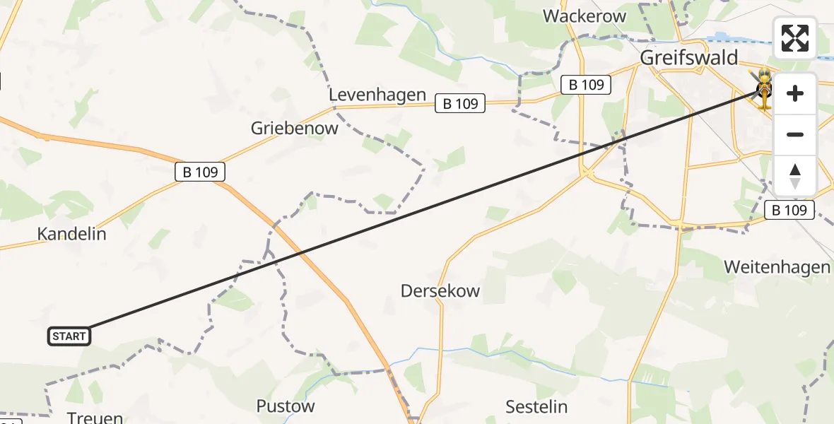Flugroute Rettungshubschrauber Süderholz - Greifswald Hospital, 02 Juni 2026, 21:49