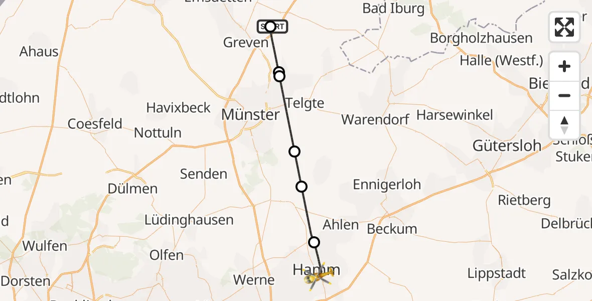 Flugroute Ambulanzhubschrauber Christoph  Westfalen-ADAC - Hamm, 02 Juni 2026, 22:10