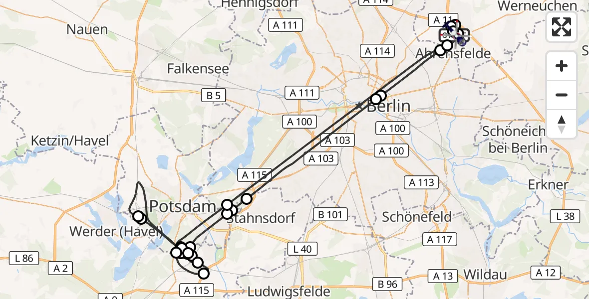 Flugroute Polizeihubschrauber Ahrensfelde Hubschrauberlandeplatz - Ahrensfelde Hubschrauberlandeplatz, 02 Juni 2026, 22:31