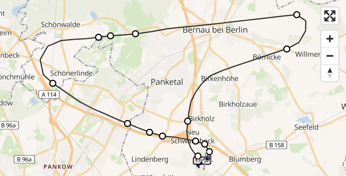 Flugroute Polizeihubschrauber Ahrensfelde Hubschrauberlandeplatz - Ahrensfelde Hubschrauberlandeplatz, 03 Juni 2026, 00:38