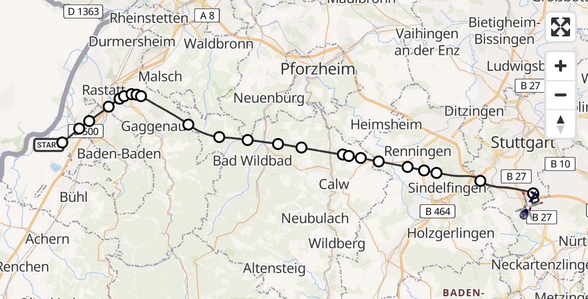 Flugroute Polizeihubschrauber Karlsruhe Baden-Baden Flughafen - Flughafen Stuttgart, 03 Juni 2026, 04:53