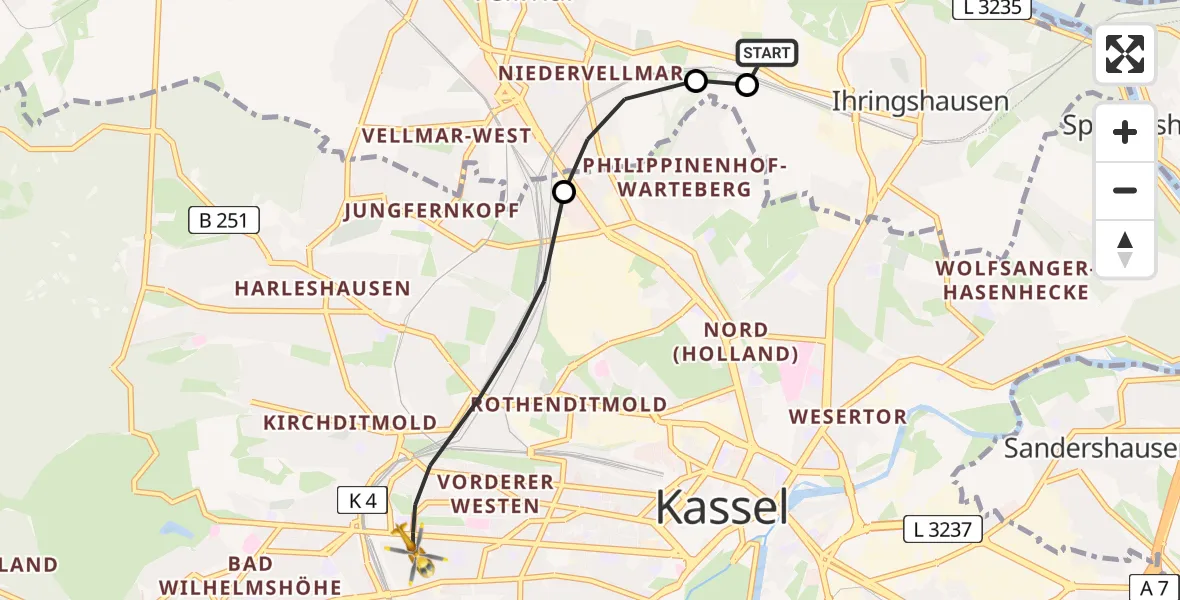 Flugroute Rettungshubschrauber Fuldatal Bundespolizei Hubschrauberlandeplatz - Kassel, 03 Juni 2026, 05:06
