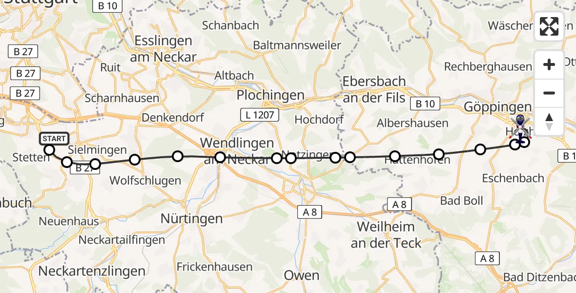 Flugroute Polizeihubschrauber Flughafen Stuttgart - Göppingen, 03 Juni 2026, 05:06