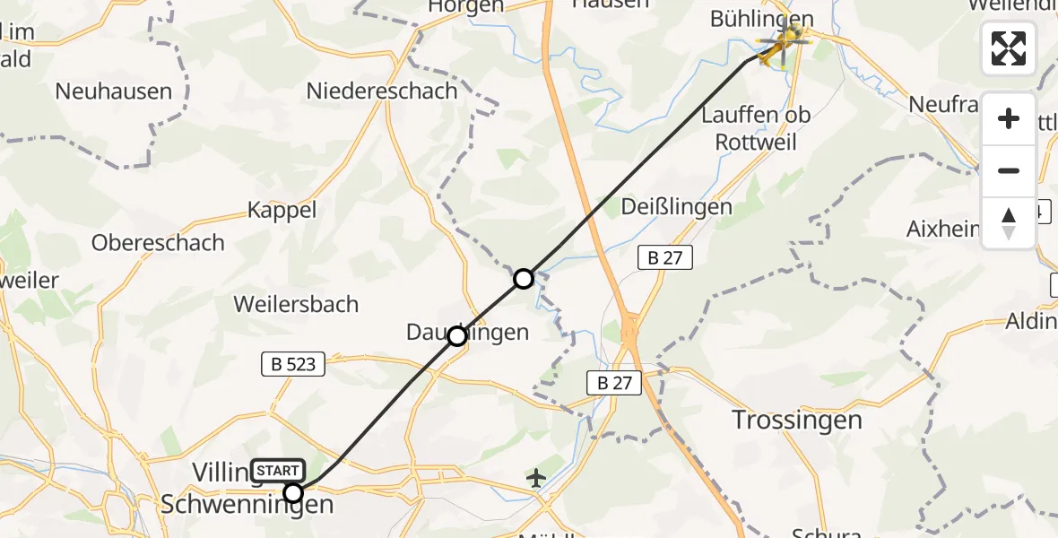 Flugroute Ambulanzhubschrauber DRF Air Rescue Station Villingen-Schwenningen Hubschrauberlandeplatz (Christoph 11) - Rottweil, 03 Juni 2026, 05:06