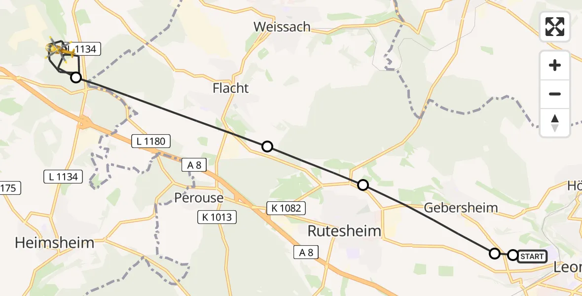Flugroute Rettungshubschrauber Leonberg Hospital - Mönsheim, 03 Juni 2026, 05:09