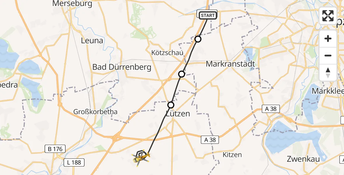 Flugroute Rettungshubschrauber Leuna - Lützen, 03 Juni 2026, 05:12