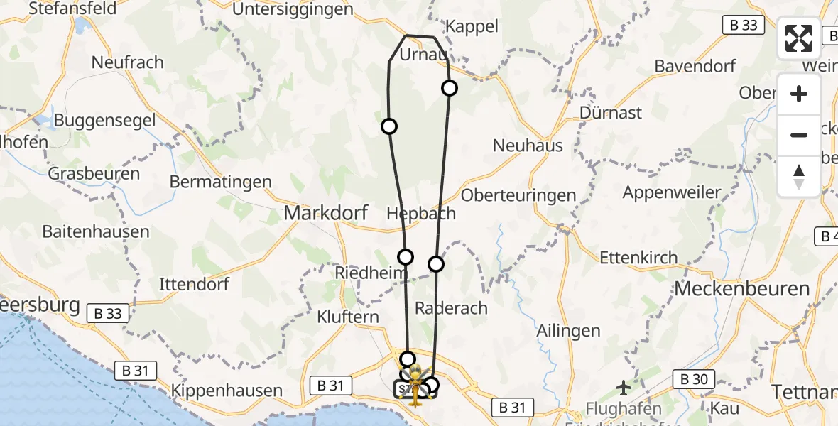 Flugroute Rettungshubschrauber Friedrichshafen Hospital - Friedrichshafen Hospital, 03 Juni 2026, 05:24