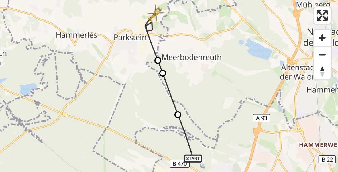 Flugroute Rettungshubschrauber Weiden i.d.OPf. - Parkstein, 03 Juni 2026, 05:32