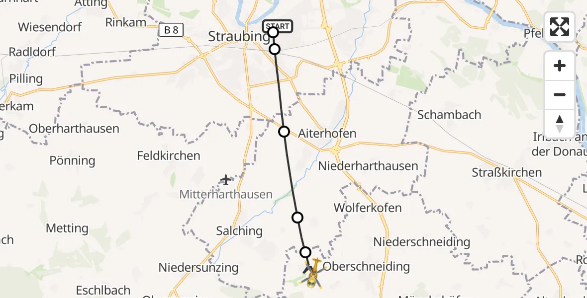 Flugroute Rettungshubschrauber Sankt Elisabeth Hospital Straubing - Oberschneiding, 03 Juni 2026, 05:39
