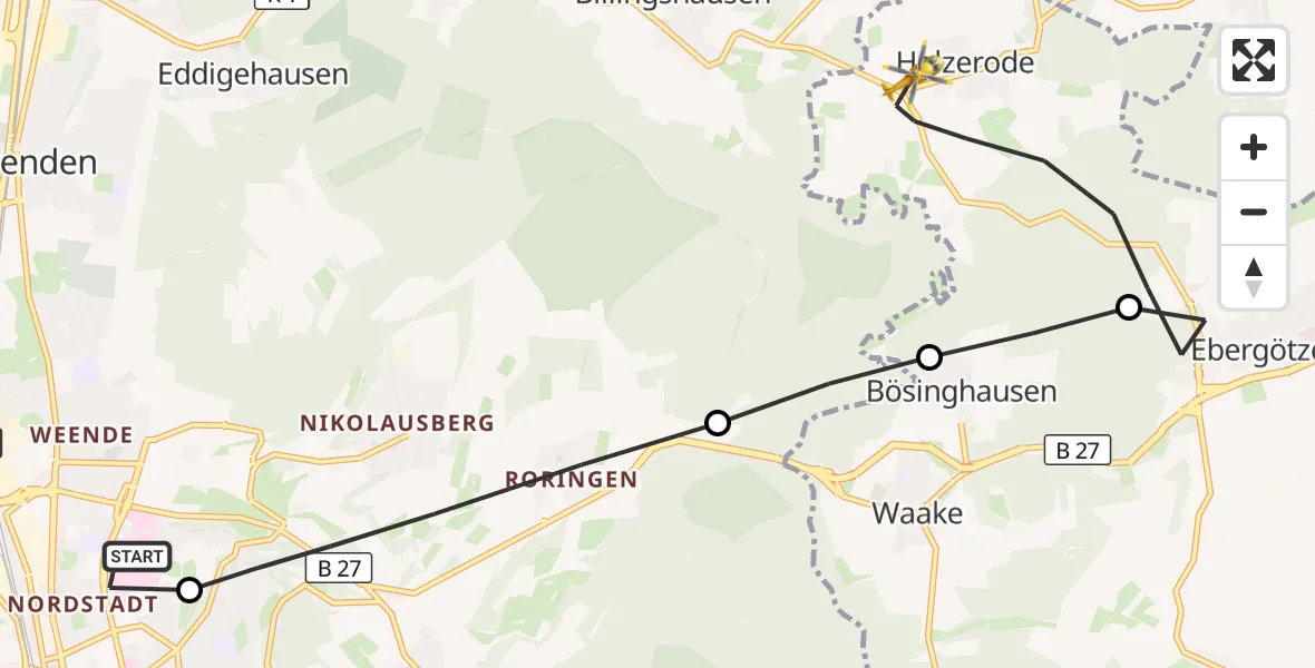 Flugroute Rettungshubschrauber Göttingen University Clinic Hubschrauberlandeplatz - Ebergötzen, 03 Juni 2026, 05:40