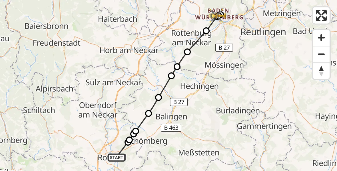 Flugroute Ambulanzhubschrauber Rottweil - Tübingen Trauma Hospital, 03 Juni 2026, 05:40