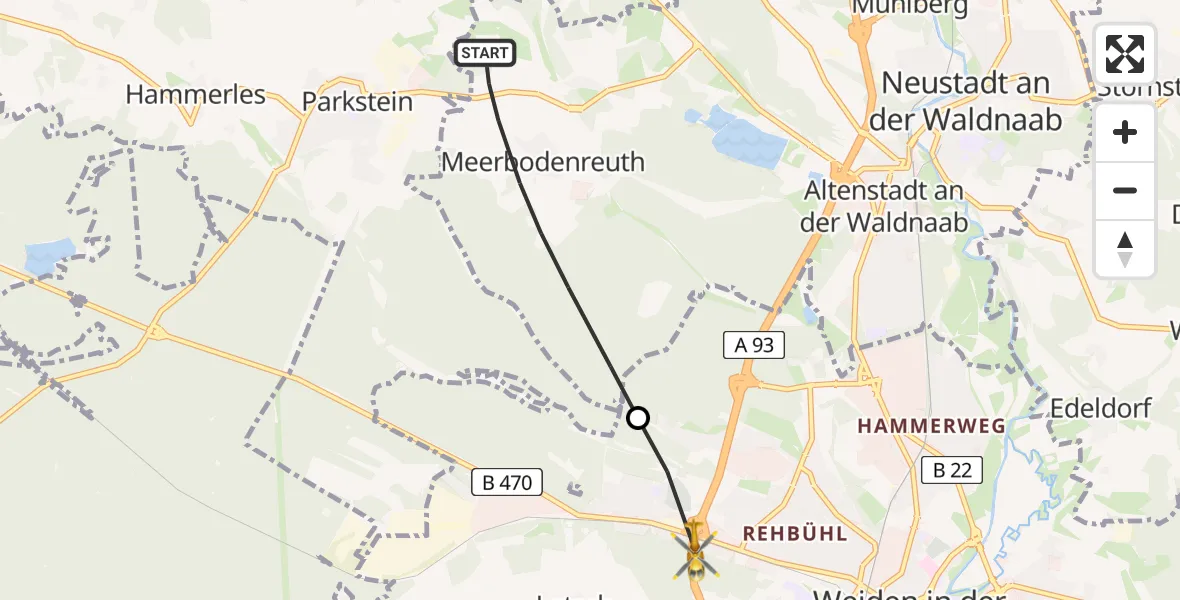 Flugroute Rettungshubschrauber Altenstadt a.d.Waldnaab - Weiden i.d.OPf., 03 Juni 2026, 06:01
