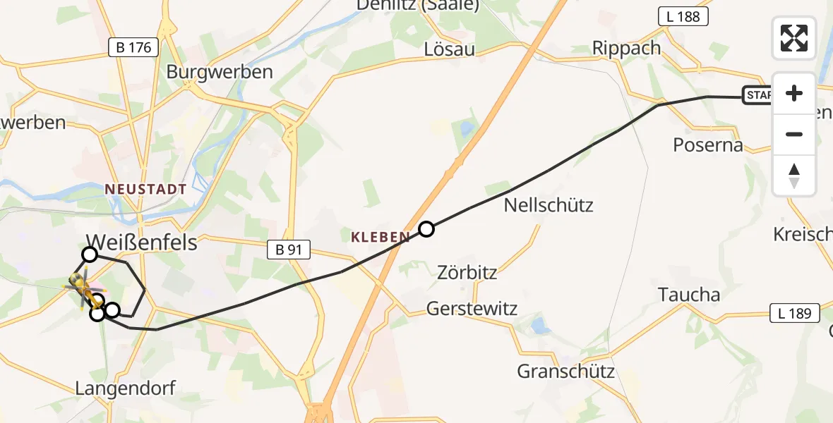 Flugroute Rettungshubschrauber Lützen - Asklepios Clinic Weißenfels, 03 Juni 2026, 06:08