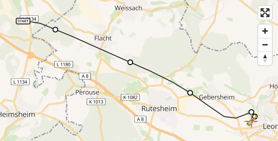Flugroute Rettungshubschrauber Mönsheim - Leonberg Hospital, 03 Juni 2026, 06:09