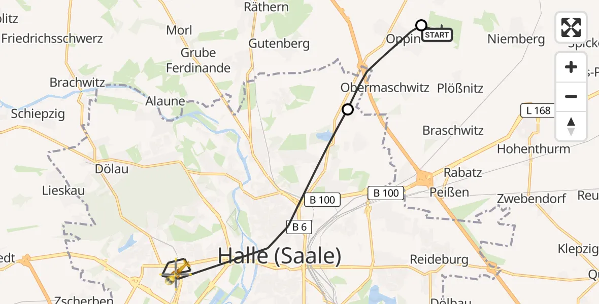 Flugroute Rettungshubschrauber Halle-Oppin Flugplatz - Halle (Saale), 03 Juni 2026, 06:10